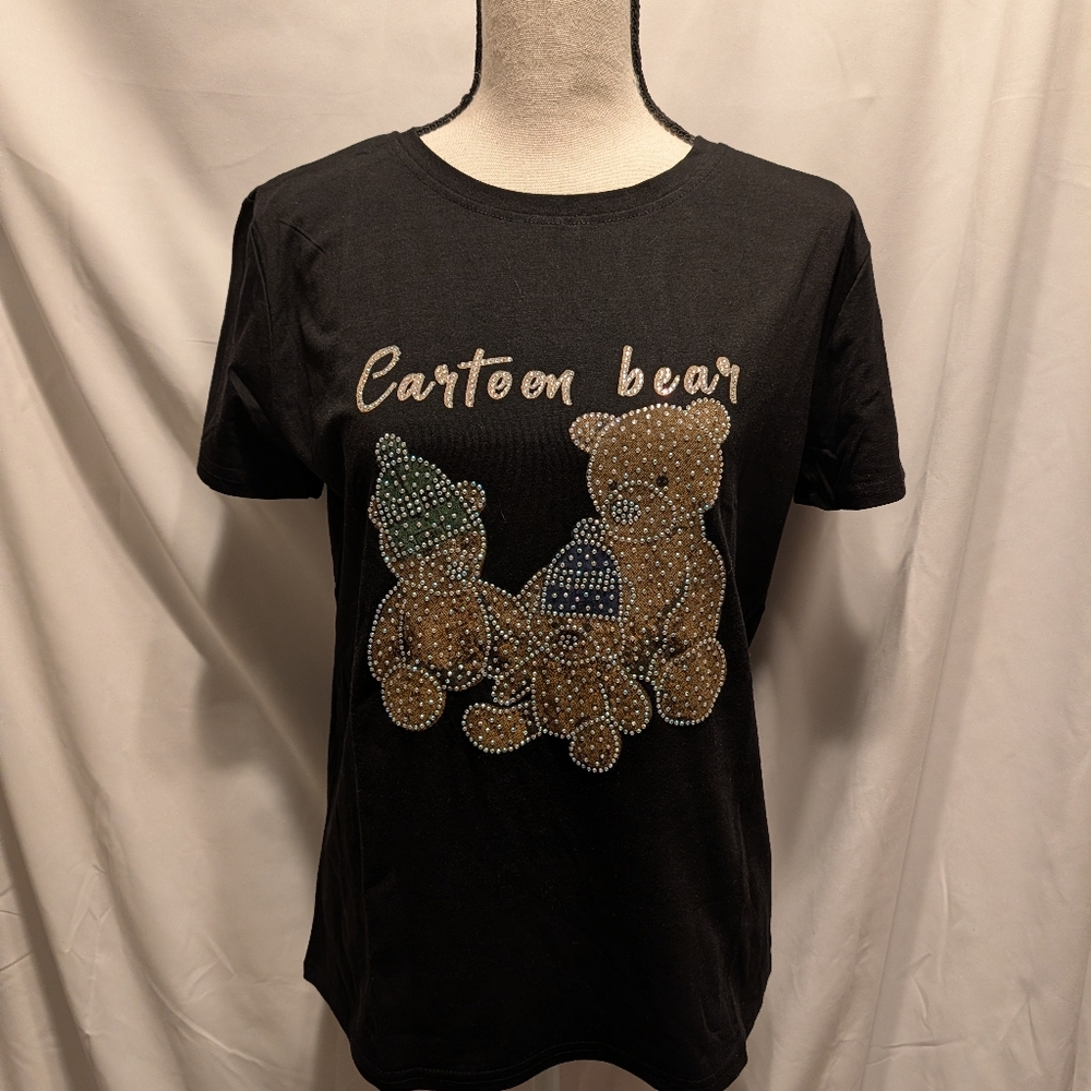 NWT. ADORABLE Cartoon Bear Embellished Black Tee Shirt. Small/Medium